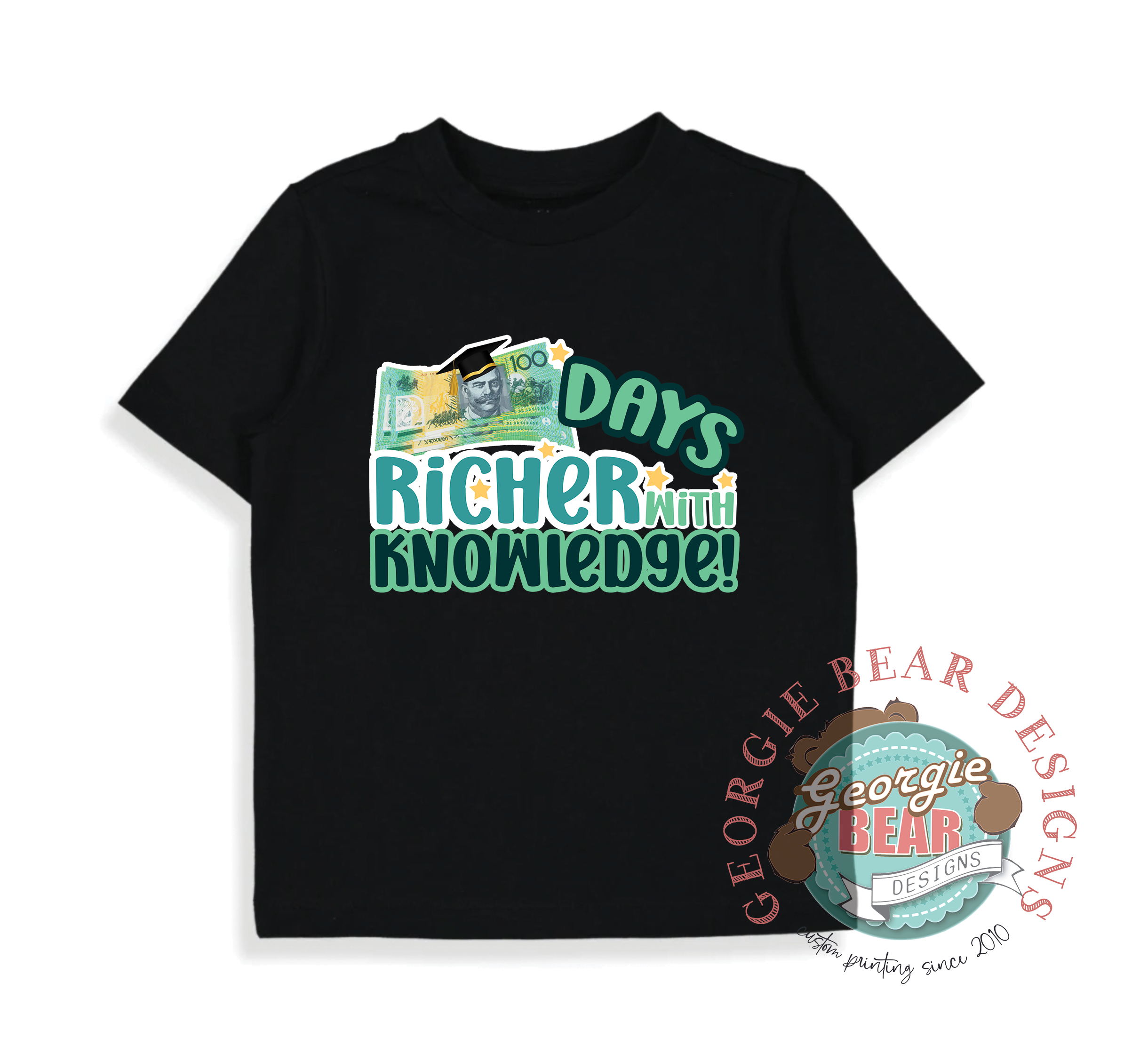 100 Days of School, Richer with Knowledge, Kids Black T-shirt
