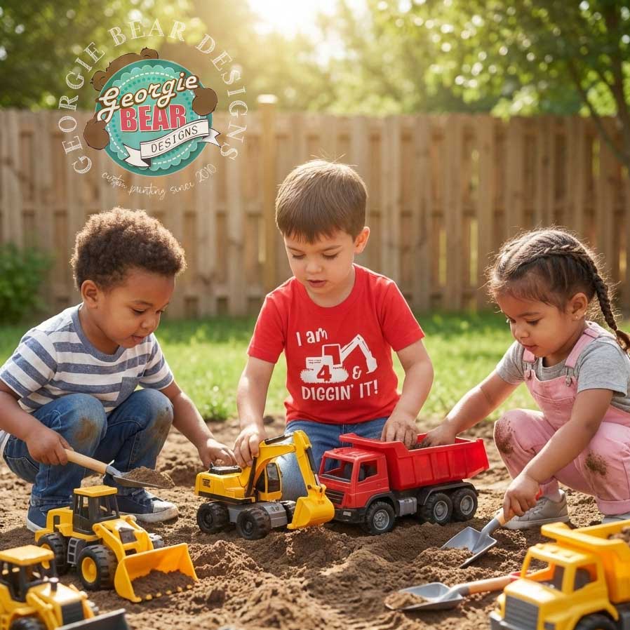 Digger Birthday Kids Red T-shirt, I'm 4 and Diggin it!
