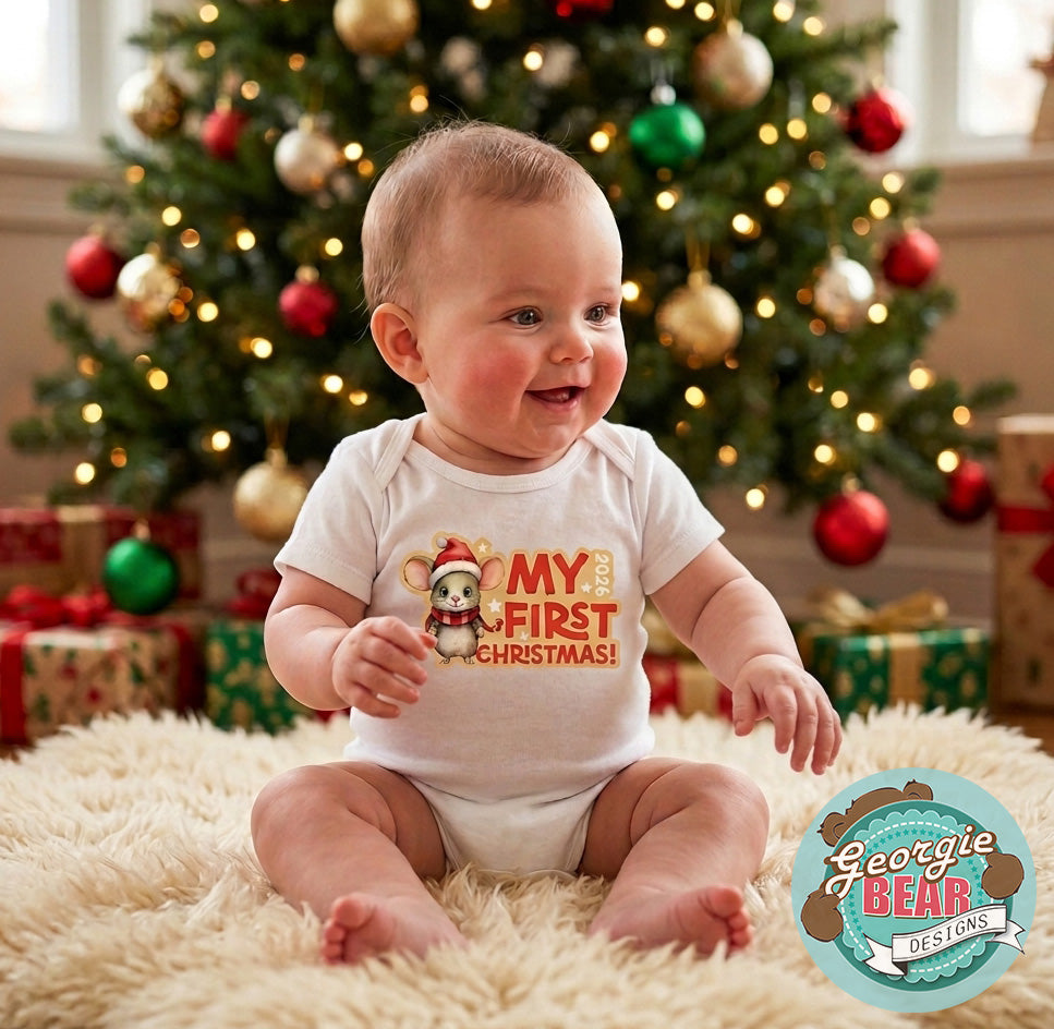My First Christmas 2026 Mouse Baby White Romper