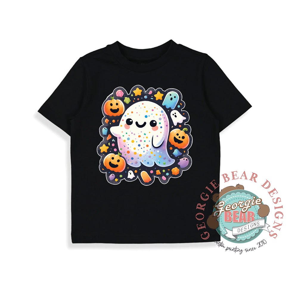 Happy Ghost and Halloween Pumpkins, Kids Black T-shirt
