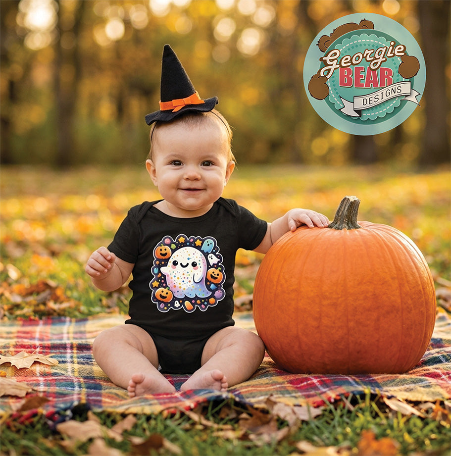 Happy Ghost and Halloween Pumpkins, Baby Black Romper