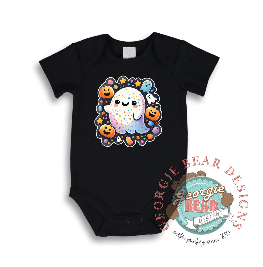 Happy Ghost and Halloween Pumpkins, Baby Black Romper