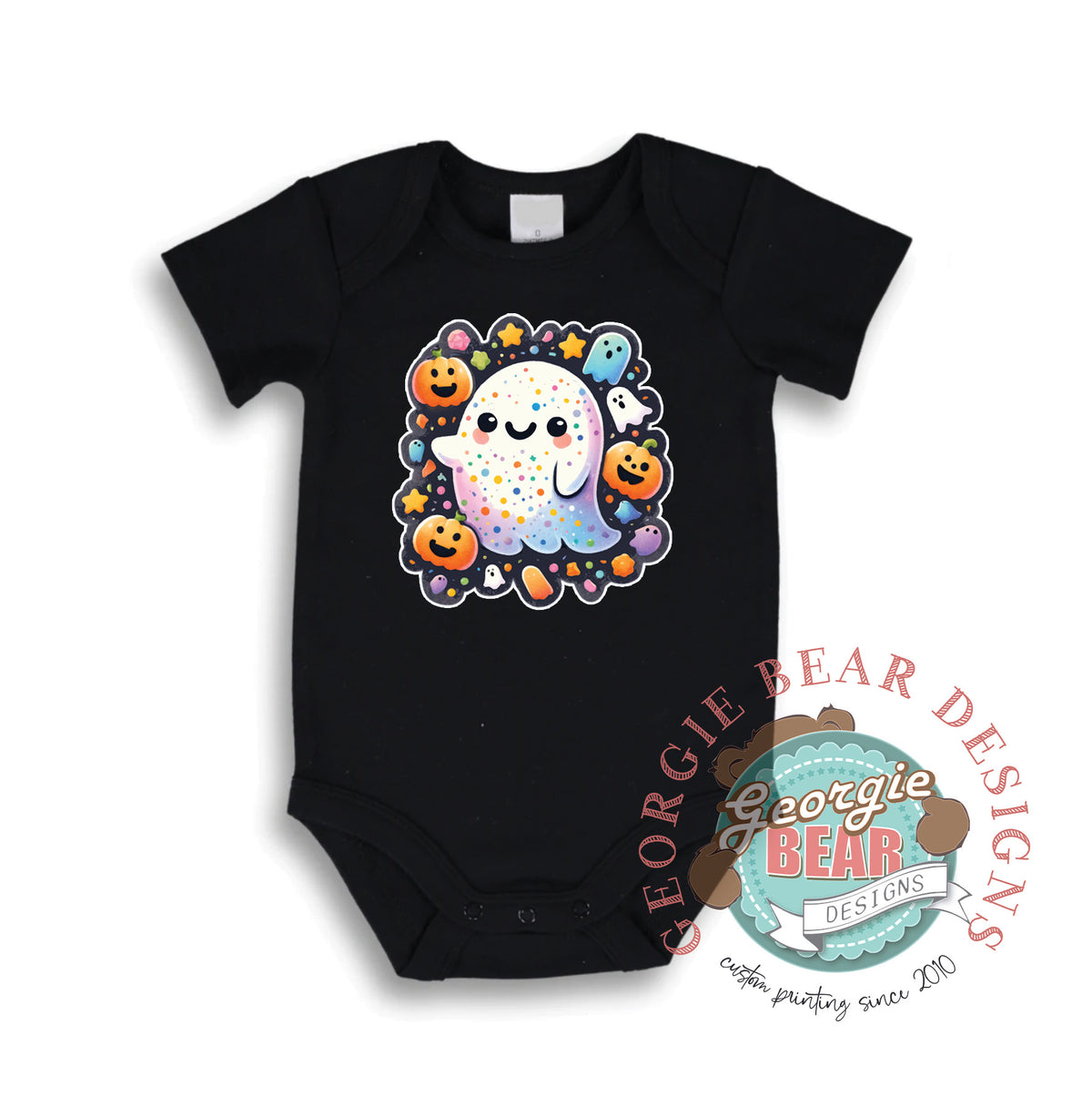 Happy Ghost and Halloween Pumpkins, Baby Black Romper