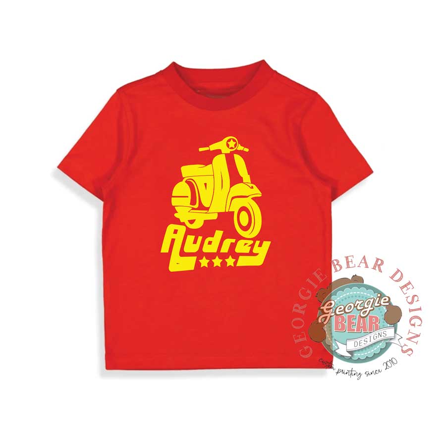 Retro Vespa Kids Personalised Red T-shirt