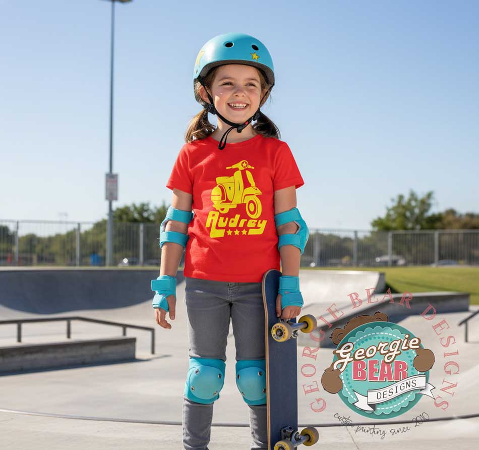 Retro Vespa Kids Personalised Red T-shirt